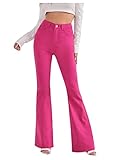 SweatyRocks Women's Casual Denim Pants Heart Print High Waist Stretchy Bell Bottom Flared Jeans Hot Pink S