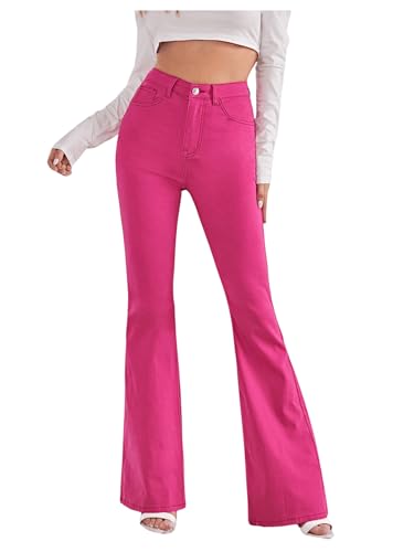 SweatyRocks Women's Casual Denim Pants Heart Print High Waist Stretchy Bell Bottom Flared Jeans Hot Pink L