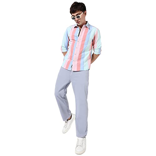 Image of CAHOOT Mens Multicolour Roman Striped Button Up Regular Fit Shirt for Casual Wear Cotton Spread Collar Crafted with Sleeve Comfort and High Performance Everyday