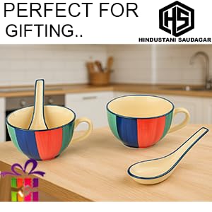 Image of HS Hindustani SAUDAGR Saffron Indigo Delight Ceramic Bowl Set of 2(300ml Each) Soup Bowl with Handle & Spoon Microwave Safe Bowls katori Ideal for Snacks Rice dal Desserts and Gifting