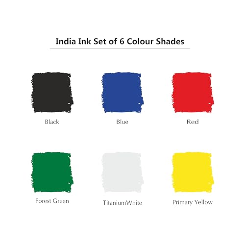Image of Isomars India Drawing Ink Set 6 Colours - 100ml Bottled Ink (Set of 6 (100ml), Deep Black, Primary Blue, Crimson Red, Forest Green, Titanium White, Primary Yellow)