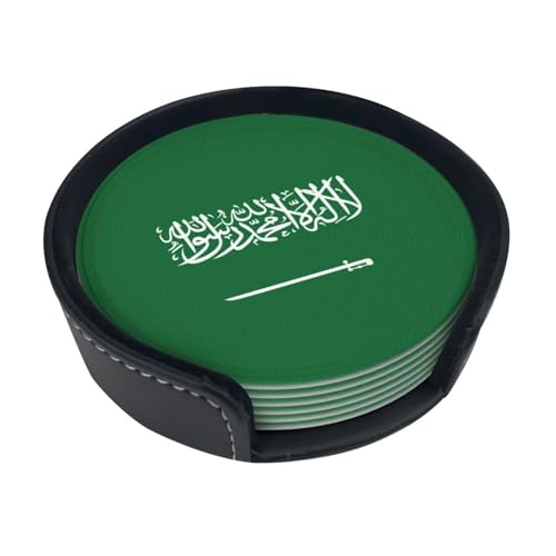 Lot de 6 sous-verres en cuir synthétique avec motif drapeau de l'Arabie Saoudite pour protéger les meubles contre les traces d'eau, les rayures et les dommages (10 cm)