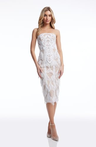 Image of Dress the Population White-Nude Fringed Strapless Dress