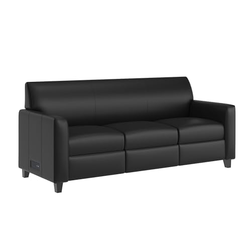 Image of Flash Furniture LeatherSoft Reception Sofa with Left, Black | Charging Station, USB-C Port, AC Outlets, USB Ports