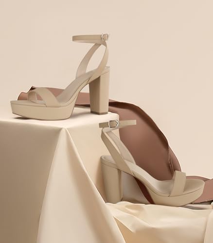 Image of Ankis Platform Heels for Women 4 Inches Chunky Heels Sandals for Women Comfy Open Toe Block Heeled Sandals Nude White Silver Gold Black Ankle Strappy Heels
