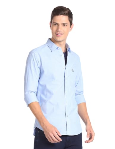 Image of U.S. POLO ASSN. Men's Blue Solid Spread Collar Collared Neck Full Sleeve Casual Cotton Regular Fit Shirt