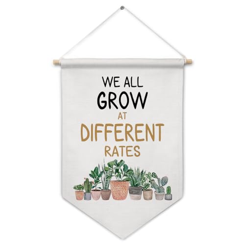 ArtisaEura Inspirational Plants Wall Canvas Banners, We All Grow at Different Rates Hanging Display Pennant Banner Flags, Botanical Plant Motivational Wall Decor for Nursery Kids Room Therapy Office