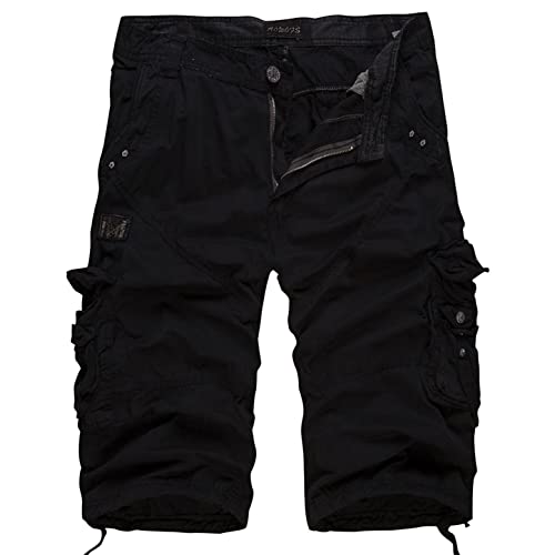 YOSICIL Hombre Verano Bermuda Algodón con Múltiples Bolsillos Pantalones Cortos Cargo Color Sólido Tallas Grandes Pantalón Corto de Deporte Casual Diario Cómodo,Negro,34