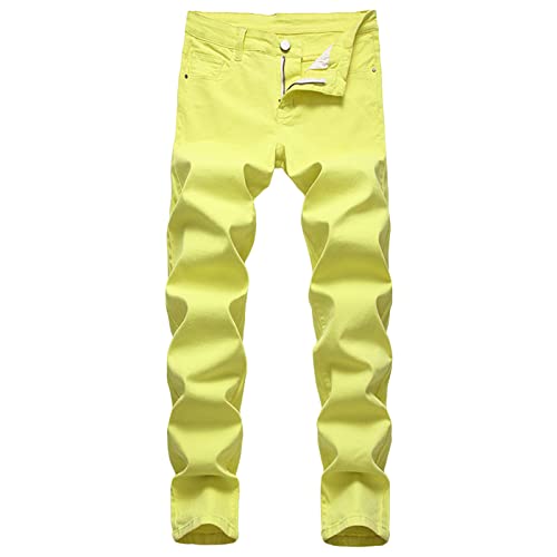 Mens Slim Fit Stretch Jeans Skinny Straight Leg Vintage Denim Pants Retro Washed Comfy Regular Fit Biker Jean (Yellow,36)