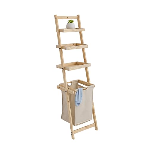 BRINDEK Mueble organizador con estanterías y cesto ropa sucia extraíble | Cesta colada plegable de tela beige y estructura madera | Mueble lavandería funcional y decorativo