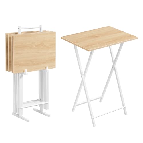 Image of HOOBRO Folding TV Tray Tables, Set of 4 TV Trays with Storage Rack, Industrial Side Table for Eating at Couch, Foldable Snack Table for Small Space, Easy Assembly, Natural and White, WN50BZ01