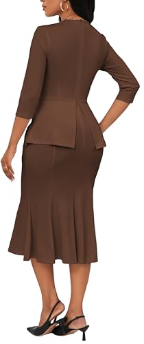 Image of Elegant Brown Church Dress for Women Short Sleeve Midi Dress Work Wear Vintage Pencil Dress for Business Casual Outfits