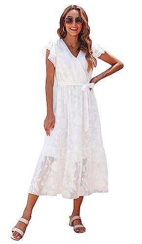 Image of VintageClothing Womens Sundress Casual Floral Summer Boho Dress | Flowy Wrap V Neck Ruffle A-Line Pleated Hem Midi Dresses