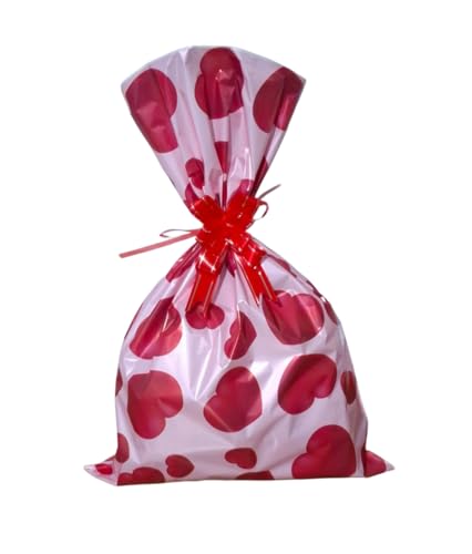 Kit 10 Sacos de Presente 25x37 cm, 10 La&ccedil;os F&aacute;cil (Cora&ccedil;&atilde;o Fundo Rosa)