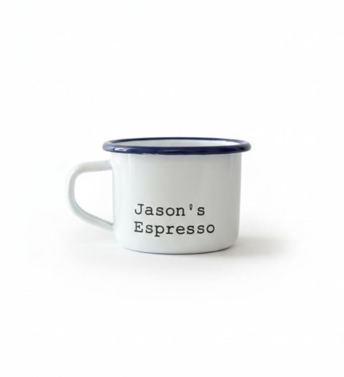 One Mama One Shed Personalised Espresso Cup - Engraved Enamel - Dishwasher Safe - 110ml Capacity
