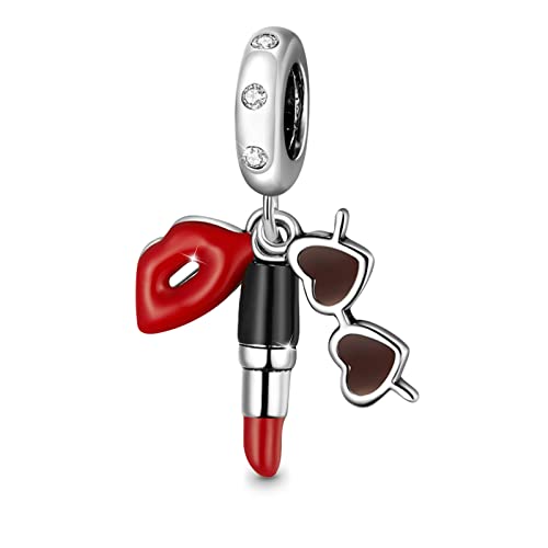 GNOCE Fashionable Lipstick & Sunglasses Pendant Charms Sterling Silver Dangle Charms Bead Fit Bracelet/Necklace For Mother's Day Gift (Lipstick & Sunglasses)