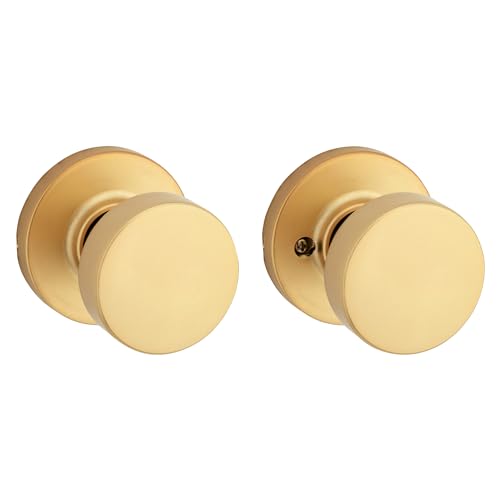 Image of Kwikset Pismo Interior Passage Door Knob, Handle for Closet and Hallway Doors, Non-Locking Doorknob, Satin Brass, Round, Microban Protection