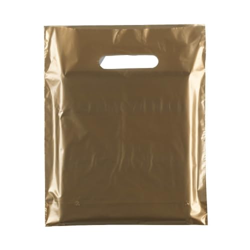 100x HEAVY DUTY STRONG COLOREDFULL PLASTIC CARRIER PATCH HANDLE BAGS, PARTY, BOUTIQUE GIFT BAGS (Gold, 10 x 12)