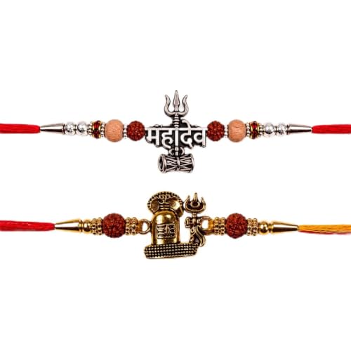 Image of Pack of 2 Mahadev Rakhi for Brother | Shivling, Trishul and Damru Designer Set with Rudraksha-Style Beads | Raksha Bandhan Rakhi for Men & Boys