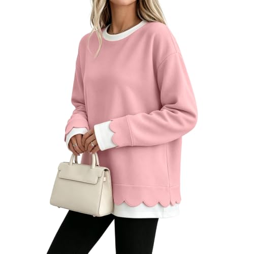 Crewneck Sweatshirt for Women Scallop Hem Loose Long Sleeve Pullover Tops - image 2