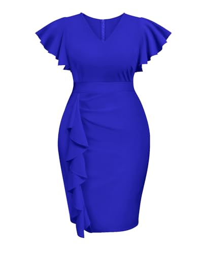 Image of Plus Size Cocktail Dress - Wedding Guest Women Bodycon Vintage Ruffle Church Pencil Dress