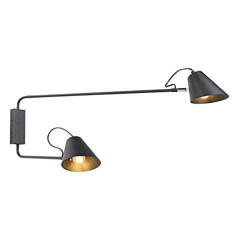 Qazqa - Retro Design Wandleuchte schwarz 2-flammig-Licht einstellbar - Lune I Wohnzimmer I Schlafzimmer - Stahl Länglich Cover