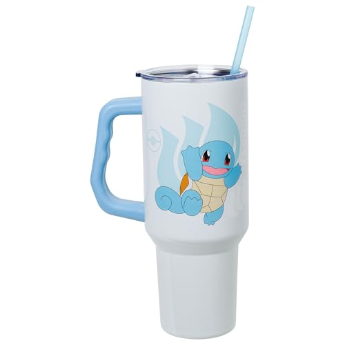 Image of Silver Buffalo Pokemon Featuring Squirtle Double Walled Stainless Steel Tumbler with Handle and Straw, Fits in Standard Cup Holder, 40 Ounces