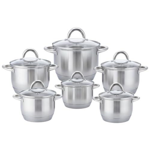 Royal Swiss Juego de 12 cacerolas de acero inoxidable, apta para inducción y lavavajillas, base de bajo consumo, tapa de cristal, asas de tacto frío, juego de ollas duradero para todo tipo de fuegos