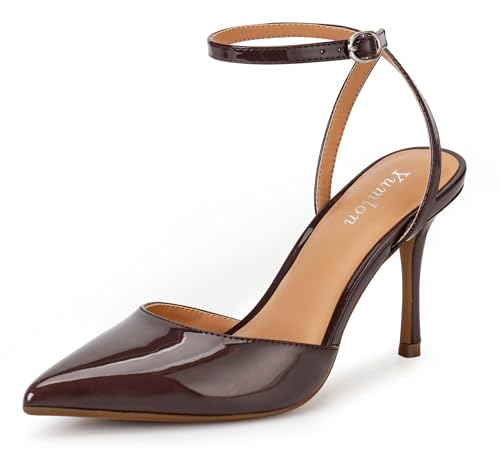 Yumlon Closed Toe Slingback Heels Wedding Stiletto Brown High Heels for Women 3.3 Inch Pointed Toe Ankle Strap Pumps Sexy Bride Shoes for Dress Dance Party Heel Brown Patent