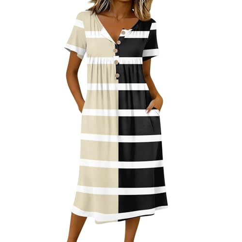 Vestido Largo Mujer Verano 2026   Vestido Elegante de Manga Corta con Botones, Cuello Redondo y Corte Recto, Ideal como Vestido de Fiesta o Invitada de Boda, Tallas Grandes Disponibles(3 Beige,L)