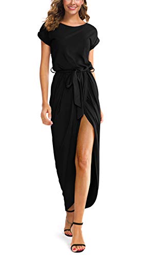 GRECE   RELLE Women's Short Sleeve Summer Dresses Elastic Waist Slit Casual Long Maxi Dress with Belt Black-Small