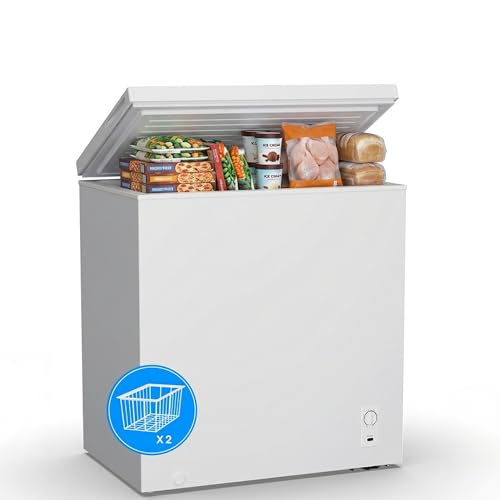 2.7 Cu.Ft Chest Freezer, Small Compact Deep Freezer with Adjustable 7 Thermostat,2 Removable Baskets, Energy Saving, Quiet Top Open Door Mini Meat Freezer with LED Light for Garage Outdoor Home Office