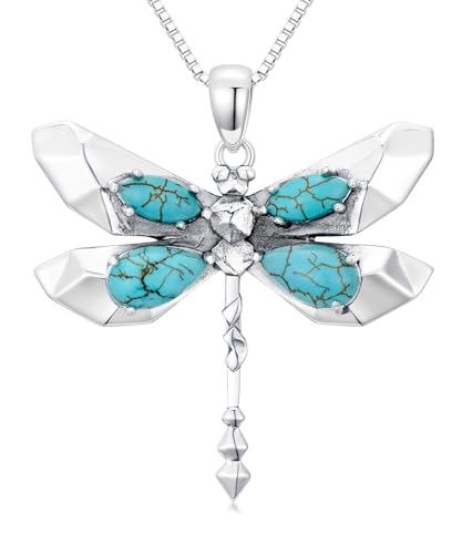 Genuine Turquoise Dragonfly Boho Necklace, Sterling Silver Vintage Native American Western Jewelry Birthdays Gift for Women
