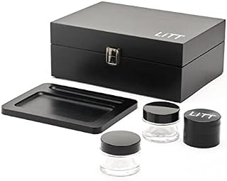 LITT Roll Stash Box Set  [4pc.] Black, Premium Glass, Wooden Storage Stash Box w/ Roll Tray, 2 Glass Storage Jars, Herb Grinder