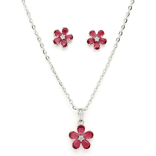 Image of ZENEME Rhodium Plated Silver Toned American Diamond Studded Floral Shaped Pendant Chain With Earrings Jewellery Set For Women And Girls