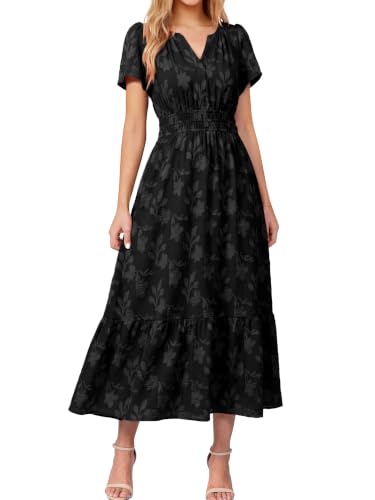 Simplee Womens Summer Boho Maxi Dress Semi Formal Wedding Guest Short Sleeve V Neck Empire Waist Floral Long Dresses Black L