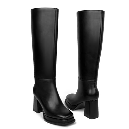 Platform Knee High Boots Women Square Toe Chunky Heel Tall Boots Fashion Dress Long Boot Side Zipper3