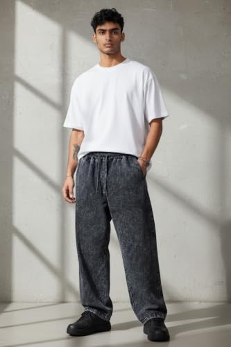 Image of boffi ... 100% Cotton Men's Relaxed Fit Pants, Wide Leg Fit, Acid Wash, Drawstring Elastic Waist, Casual Street Style
