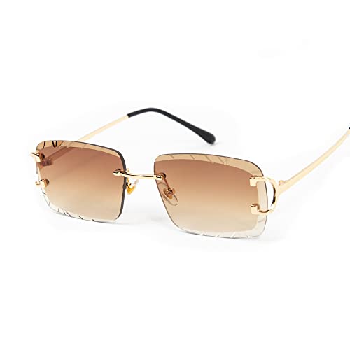 Gold Wire Frame Luxury Unisex Square Rimless Gem Cut Trendy Retro 90's Hip Hop Diamond Cut lens Brown Tint Lens Sun Glasses Frameless Rectangle Summer Shades Sunglasses For Men And Women2