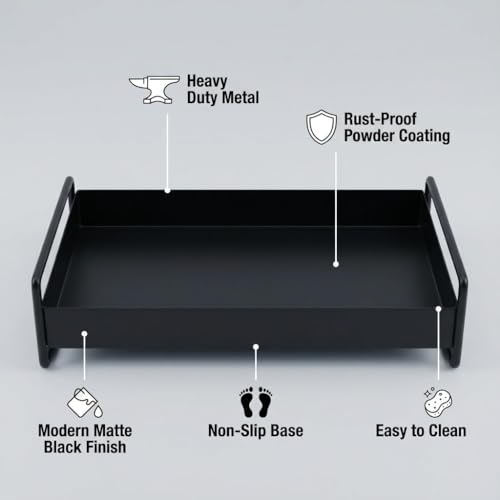 Image of Mate Black Metal Tray Serving Tray - Rectangular Tray with Handles for Kitchen, Dining, Coffee Table & Home Decor - Tea Snacks Breakfast Tray (Z Black)