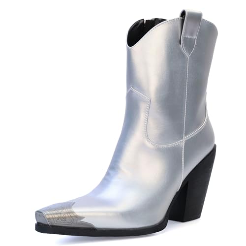 Image of Cowboy Ankle Boots for Women Engraved Steel Toe Cowgirl Boots Stacked Block Heels Short Cowboy Boot Fashion Dressy Western Country Booties