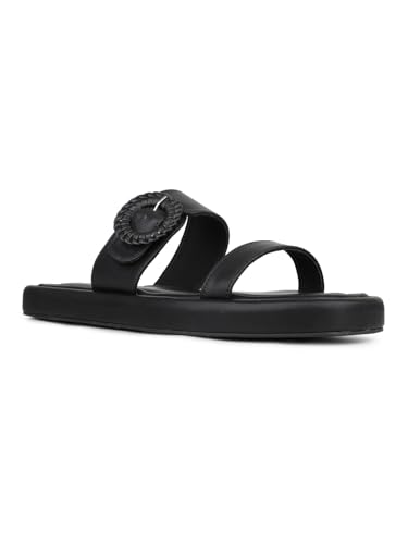 Image of Inc.5 Womens Black Solid Open Toe Casual Slip-on Flats Slide Sandal
