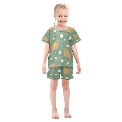 Capybara Daisy Pattern Kids Pjs Set Boys Girls Summer Short-Sleeve Sleepwear Pajamas 2PCS3