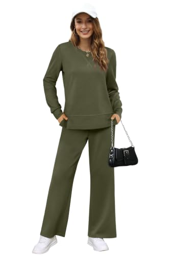 Image of OFEEFAN Women's 2 Piece Lounge Set Travel Airport Outfits Side Slit Tracksuit Wide Leg Loungewear Baggy Comfy Sweatsuit S-3XL