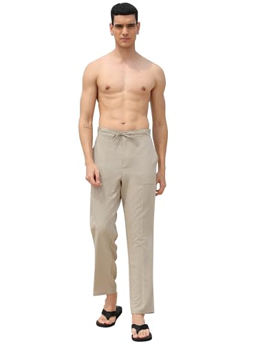 SEVEGO Mens Casual Linen Pants 30''/32''/34''/36'' Elastic Waist Drawstring Straight-Legs Summer Beach Loose Fit Trouser4