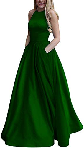 Women A Line Satin Long Prom Dresses 2021 with Pockets Teen Formal Evening Ball Gowns Size 12 Emerald