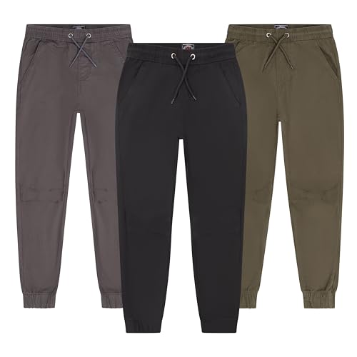XS Apparel Twill Boys Joggers 3 Pack: Basic Slim Boys Cargo Pants, Boys Pants Drawstring Waist Casual Boys Dress Pants (8-20)