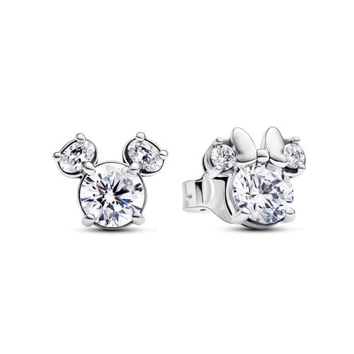 Pandora Disney Pendientes de botón de plata de ley con silueta de Mickey y Minnie con circonitas cúbicas transparentes