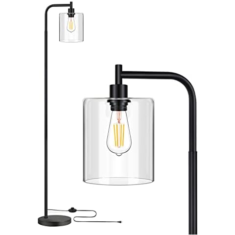 MAXvolador Industrial Floor Lamp, Modern Standing Lamps with Hanging Clear Glass Shade, Classic Reading Tall Pole Light for Living Room Bedroom, Black Cover