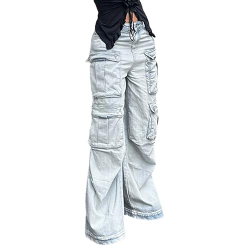 NCDUANSAN Gothic Retro Jeans Women's Pants Street Trend Loose Multi Pocket Stitching Casual Straight Leg Wide Leg Wash